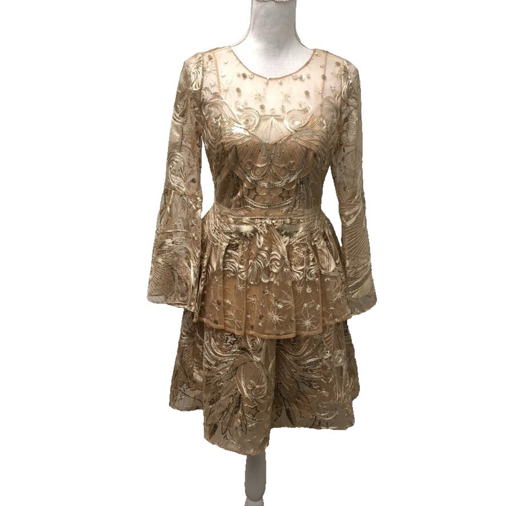 Marchesa Notte Fit And Flare‎ Dress Womens 4 Gold Lace Party Hoco Formal Wedding